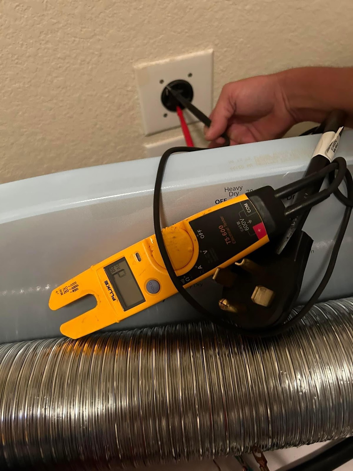 Electrical testing with Fluke meter at dryer outlet